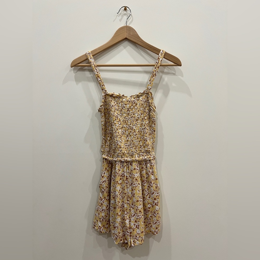 Abercrombie & Fitch Yellow Floral Romper with Tie- Back and Pockets - Size Small